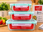 Addox / Delisoga 3-Piece Rectangular Glass Storage Container Set – Airtight Leak-Proof Food Prep Boxes with Locking Lids, BPA-Free, Microwave, Oven, and Freezer Safe Lunch Boxes for Kitchen, Office, and Meal Prep
