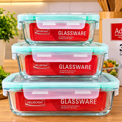 Addox / Delisoga 3-Piece Rectangular Glass Storage Container Set – Airtight Leak-Proof Food Prep Boxes with Locking Lids, BPA-Free, Microwave, Oven, and Freezer Safe Lunch Boxes for Kitchen, Office, and Meal Prep
