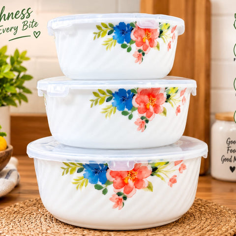 Floral Print Glass Storage Bowl Set of 3 – Airtight Transparent Food Containers with Lids, BPA-Free, Food-Grade, Microwave and Freezer Safe Nesting Bowls for Kitchen Storage, Meal Prep, and Serving