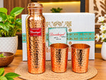 Devidayal Pure Copper Water Bottle and 2 Glasses Gift Set – Handcrafted Hammered Finish Copper Drinkware Combo for Ayurvedic Health Benefits, Yoga, Home, Office, and Festive Gifting