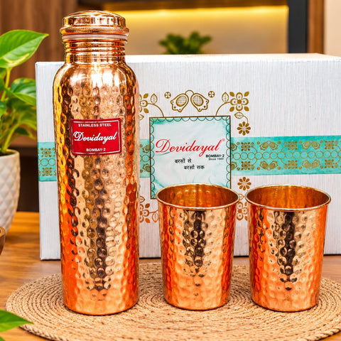 Devidayal Pure Copper Water Bottle and 2 Glasses Gift Set – Handcrafted Hammered Finish Copper Drinkware Combo for Ayurvedic Health Benefits, Yoga, Home, Office, and Festive Gifting