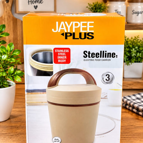 Jaypee Plus Steelline Electric Food Carrier – Self-Heating Lunch Box with Stainless Steel Inner Body and 3 Containers, Quick Heating Technology with Auto Cut-Off, Portable Thermal Tiffin for Office, Work, and Travel