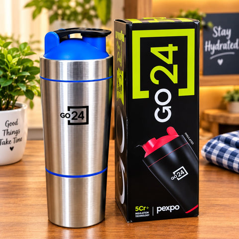 Pexpo Go 24 Stainless Steel Shaker Bottle for Protein Mixes – Insulated Gym Shaker Cup with Compartment, Leak-Proof Fitness Blender Bottle Featuring 5Cr+ Insulation Technology for Workout, Sports, and Post-Workout Drinks