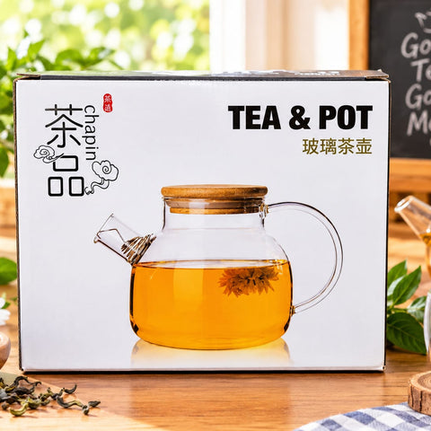Tea & Pot Glass Teapot with Wooden Lid – Borosilicate Glass Tea Kettle with Infuser Spout, Heat-Resistant Loose Leaf Tea Maker, Clear Transparent Pot for Blooming Tea, Herbal Tea, and Kitchen Tableware