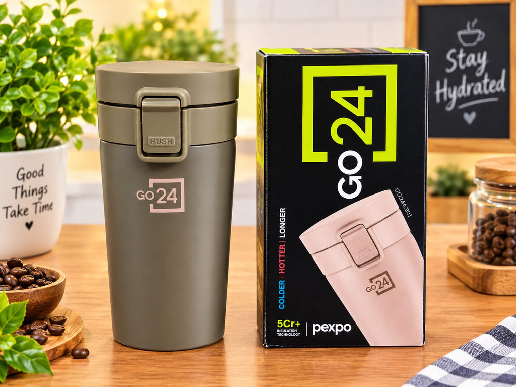Pexpo Go 24 Insulated Travel Mug and Coffee Tumbler – Double-Wall Stainless Steel Vacuum Flask with Push-Button Lid, 5Cr+ Insulation Technology Keeps Beverages Hot and Cold for Longer, Leak-Proof Cup for Office, Travel, and Car