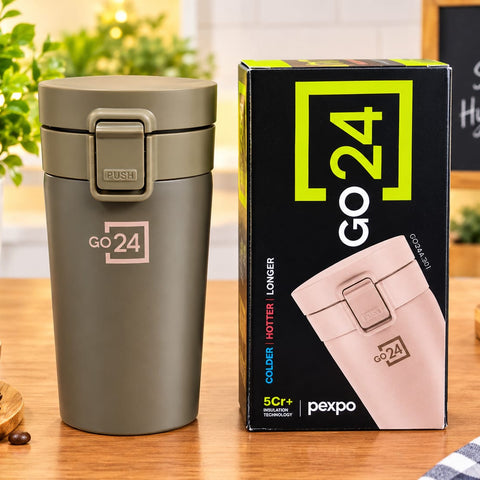 Pexpo Go 24 Insulated Travel Mug and Coffee Tumbler – Double-Wall Stainless Steel Vacuum Flask with Push-Button Lid, 5Cr+ Insulation Technology Keeps Beverages Hot and Cold for Longer, Leak-Proof Cup for Office, Travel, and Car