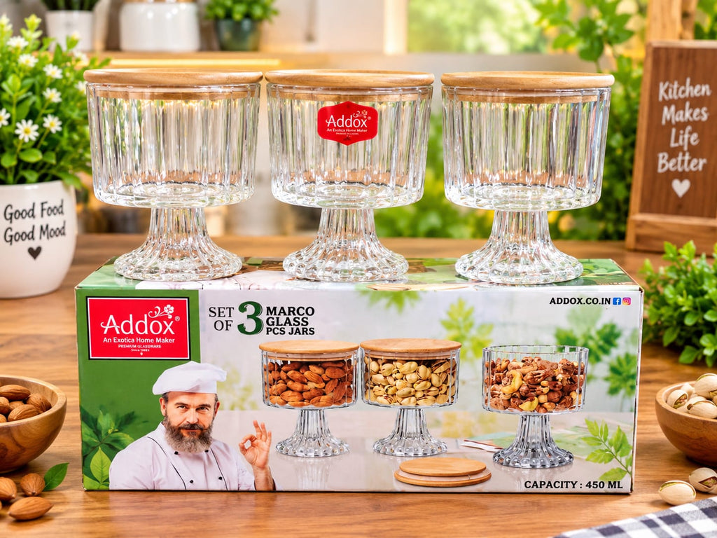 Addox Marco Glass Jars Set of 3 – 450ml Clear Glass Storage Jars with Wooden Lids and Pedestal Stand, Fluted Ribbed Design Airtight Food Storage Containers for Dry Fruits, Mukhwas, Spices, Cookies, and Kitchen Decor