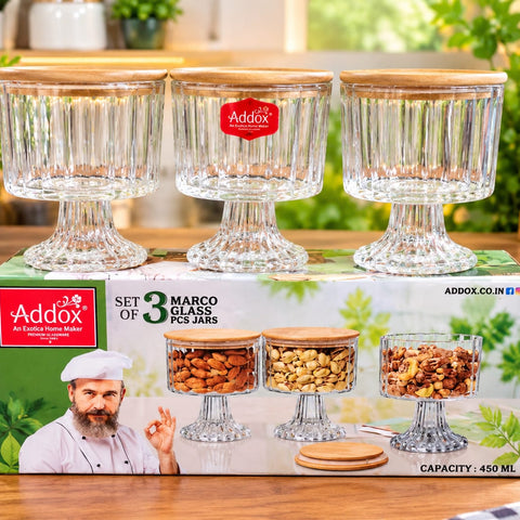 Addox Marco Glass Jars Set of 3 – 450ml Clear Glass Storage Jars with Wooden Lids and Pedestal Stand, Fluted Ribbed Design Airtight Food Storage Containers for Dry Fruits, Mukhwas, Spices, Cookies, and Kitchen Decor