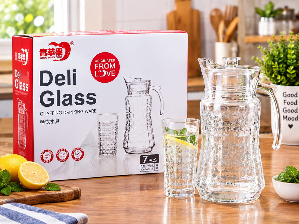 Deli Glass 7-Piece Crystal Glassware Set – 1.1L Water Jug / Pitcher with Lid and 6 Pcs 278ml Drinking Glasses, Elegant Diamond Cut Pattern, Transparent Juice and Beverage Server Set for Dining Table, Parties, and Gifting