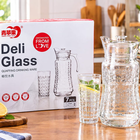 Deli Glass 7-Piece Crystal Glassware Set – 1.1L Water Jug / Pitcher with Lid and 6 Pcs 278ml Drinking Glasses, Elegant Diamond Cut Pattern, Transparent Juice and Beverage Server Set for Dining Table, Parties, and Gifting