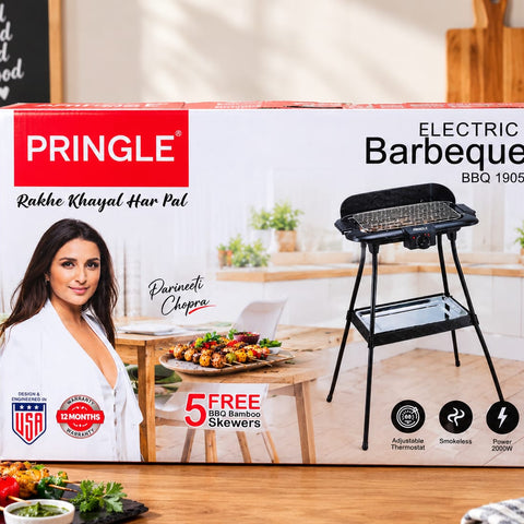 Pringle Electric Barbeque Grill (2000W) with Stand, Smokeless Indoor/Outdoor Barbecue Machine Featuring Adjustable Temperature Control and Free Bamboo Skewers for Home Cooking and Garden Parties