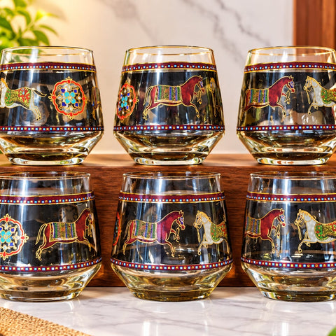 Designer Glass Tumblers Set of 6, Ethnic Royal Horse Print Bar Glasses with Gold Trim, Heavy-Base Juice and Water Glasses for Dining Table, Bar, Parties, and Festive Gifting