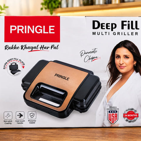 Pringle Deep Fill Multi Griller (1000W) – Non-Stick Sandwich and Panini Maker with Extra Deep Plates and Cool Touch Handle, Sleek Black and Rose Gold Kitchen Appliance for Home Use