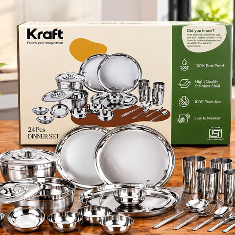 Kraft 24-Piece Stainless Steel Dinner Set – 100% Rust-Proof, High-Quality Toxin-Free Kitchen Dining Set with Plates, Bowls, Glasses, and Cutlery, ISI Certified Heavy-Gauge Glossy Finish Crockery for Home and Gifting