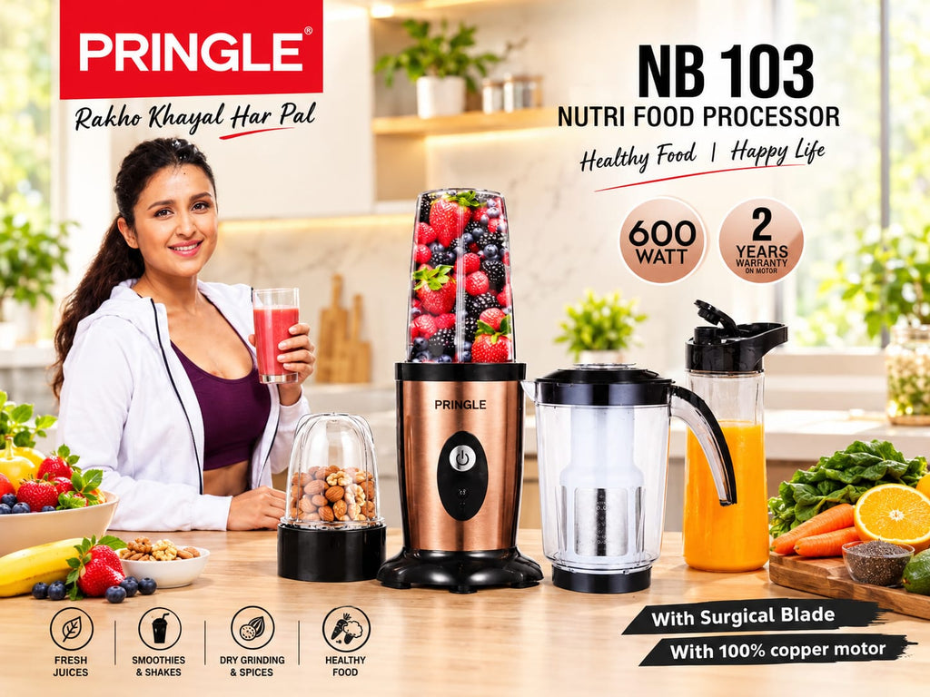 Pringle NB 103 Nutri Food Processor & Smoothie Blender – 600 Watt Heavy-Duty 100% Copper Motor, High-Speed Mixer Grinder with Surgical Blades, Multiple Jars for Fresh Juices, Smoothies, Shakes, and Dry Grinding