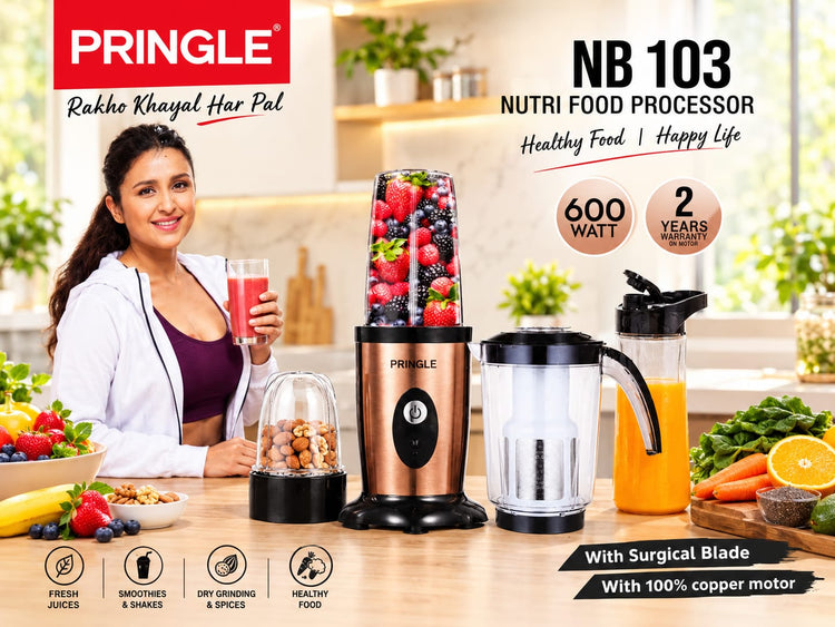 Pringle NB 103 Nutri Food Processor & Smoothie Blender – 600 Watt Heavy-Duty 100% Copper Motor, High-Speed Mixer Grinder with Surgical Blades, Multiple Jars for Fresh Juices, Smoothies, Shakes, and Dry Grinding