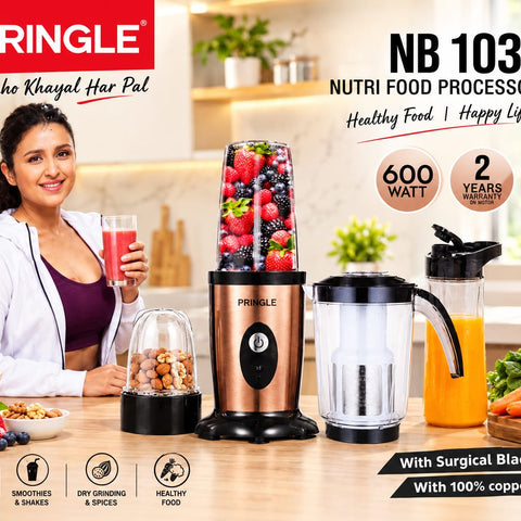 Pringle NB 103 Nutri Food Processor & Smoothie Blender – 600 Watt Heavy-Duty 100% Copper Motor, High-Speed Mixer Grinder with Surgical Blades, Multiple Jars for Fresh Juices, Smoothies, Shakes, and Dry Grinding