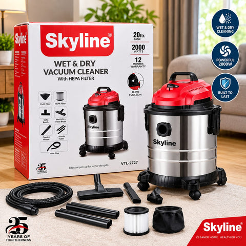 Skyline Wet and Dry Vacuum Cleaner VTL-277 – 2000 Watts, 20 Litre Stainless Steel Tank, HEPA Filter, Powerful Blower Function, Multi-Utility Attachments for Home, Office, Car, and Heavy-Duty Floor Cleaning