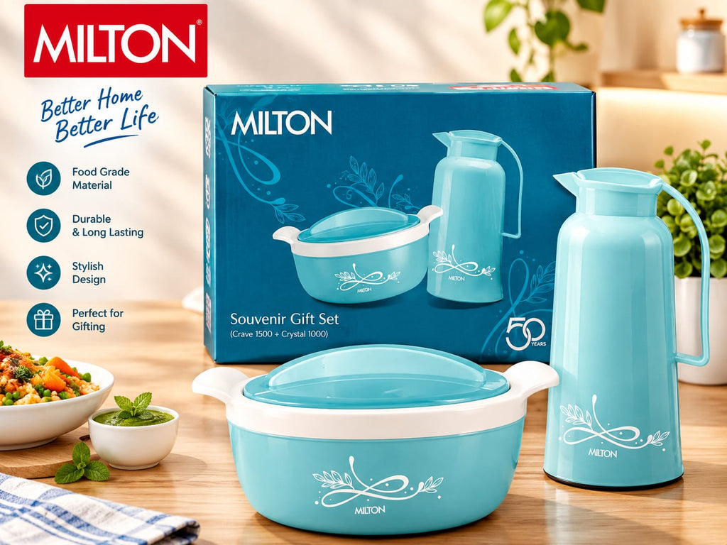 Milton Souvenir Gift Set – Insulated Casserole (Crave 1500, 1.25L) and Insulated Water Jug / Flask (Crystal 1000, 1L), Food Grade, Stylish Turquoise Blue Floral Design, Thermoware Combo Set for Kitchen and Gifting