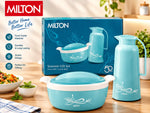 Milton Souvenir Gift Set – Insulated Casserole (Crave 1500, 1.25L) and Insulated Water Jug / Flask (Crystal 1000, 1L), Food Grade, Stylish Turquoise Blue Floral Design, Thermoware Combo Set for Kitchen and Gifting