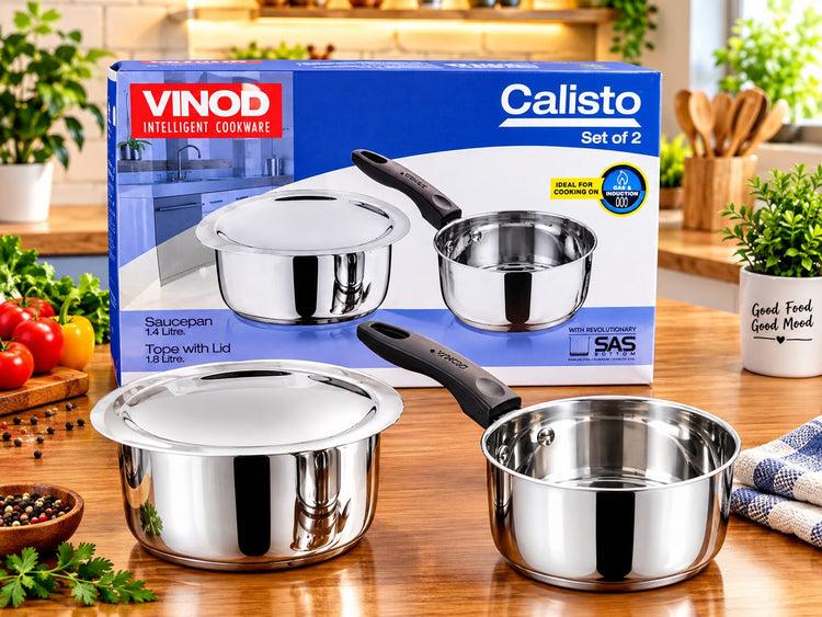 Vinod Calisto Stainless Steel Cookware Combo Set – 1.4L Saucepan and 1.8L Tope with Lid, Triply / SAS Bottom, Gas and Induction Friendly Kitchen Pots and Pans Set