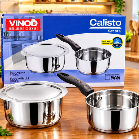 Vinod Calisto Stainless Steel Cookware Combo Set – 1.4L Saucepan and 1.8L Tope with Lid, Triply / SAS Bottom, Gas and Induction Friendly Kitchen Pots and Pans Set