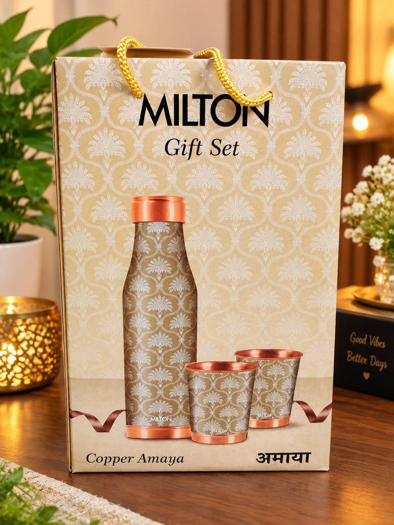Milton Copper Amaya Gift Set – 1 Pure Copper Water Bottle with 2 Matching Copper Glasses, Elegant Traditional Printed Design, Leak-Proof Ayurvedic Drinkware Set for Home, Office, and Festive Gifting