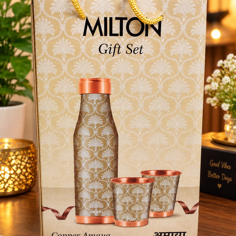 Milton Copper Amaya Gift Set – 1 Pure Copper Water Bottle with 2 Matching Copper Glasses, Elegant Traditional Printed Design, Leak-Proof Ayurvedic Drinkware Set for Home, Office, and Festive Gifting