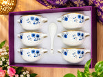 Premium Ceramic Soup Bowl Set with Spoon – 6-Piece White Soup Bowls with Handles and Matching Spoons, Elegant Blue Floral Print with Gold Trim, Microwave Safe Soup & Dessert Bowl Gift Box Set for Dining Table and Home Gifting