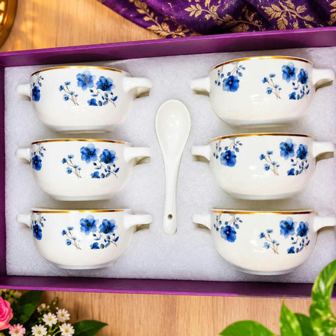 Premium Ceramic Soup Bowl Set with Spoon – 6-Piece White Soup Bowls with Handles and Matching Spoons, Elegant Blue Floral Print with Gold Trim, Microwave Safe Soup & Dessert Bowl Gift Box Set for Dining Table and Home Gifting