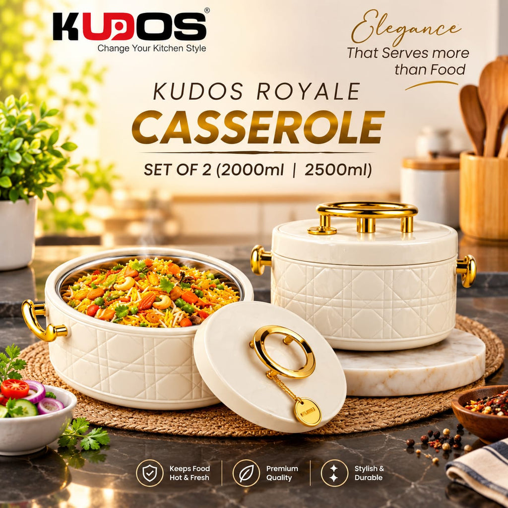 Kudos Royale Casserole Set of 2 | 2000ml & 2500ml Insulated Hot Pot with Premium Stainless Steel Inner Bowl, Food Warmer & Serving Casserole for Kitchen & Dining