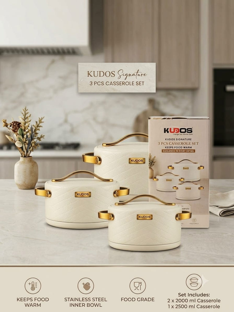 Kudos Signature 3 Pcs Casserole Set | 2000ml + 2000ml + 2500ml Insulated Casserole Set with Stainless Steel Inner Bowl, Food Grade Hot Pot for Kitchen & Dining