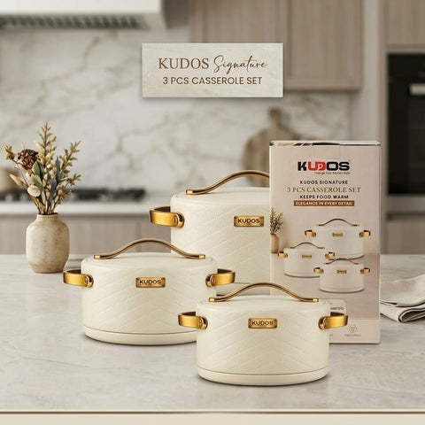 Kudos Signature 3 Pcs Casserole Set | 2000ml + 2000ml + 2500ml Insulated Casserole Set with Stainless Steel Inner Bowl, Food Grade Hot Pot for Kitchen & Dining