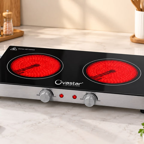 Ovastar Dual Pro Infra 2200W Double Burner Infrared Cooktop | 2 Heating Plates, Temperature Control Knobs, Auto Shut-Off & Overheat Protection, Suitable for All Pots, 12 Months Warranty