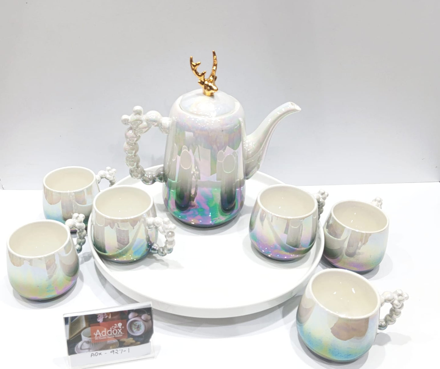 Addox 360° Rotating Tea Kettle Set – Microwave-Safe Kettle + 6-Piece Cup Set on Swivel Tray- Pink Color