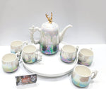 Addox 360° Rotating Tea Kettle Set – Microwave-Safe Kettle + 6-Piece Cup Set on Swivel Tray- Pink Color