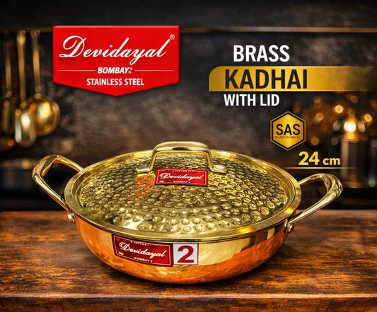 Devidayal Premium Brass Kadhai with Lid 24cm (3.2Ltrs)- Traditional Hammered Design, Durable & Elegant Cookware
