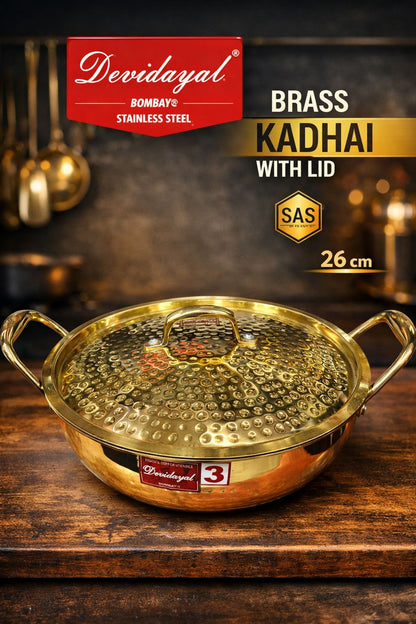 Devidayal Premium Brass Kadhai with Lid 26cm (3.9Ltrs)- Traditional Hammered Design, Durable & Elegant Cookware