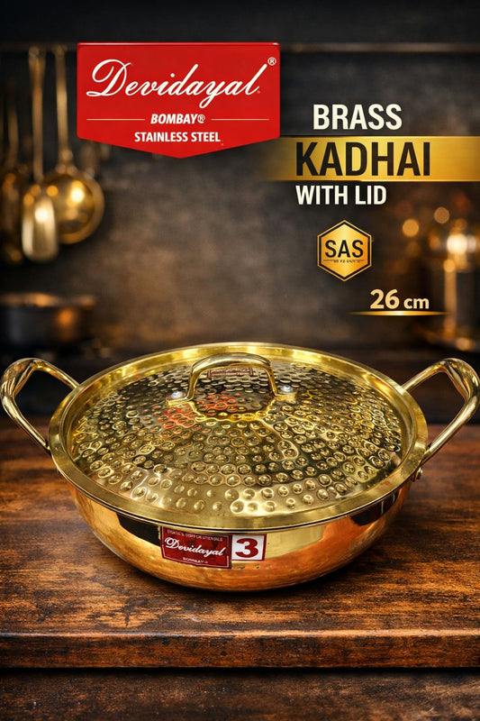 Devidayal Premium Brass Kadhai with Lid 26cm (3.9Ltrs)- Traditional Hammered Design, Durable & Elegant Cookware
