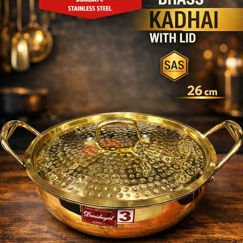 Devidayal Premium Brass Kadhai with Lid 26cm (3.9Ltrs)- Traditional Hammered Design, Durable & Elegant Cookware