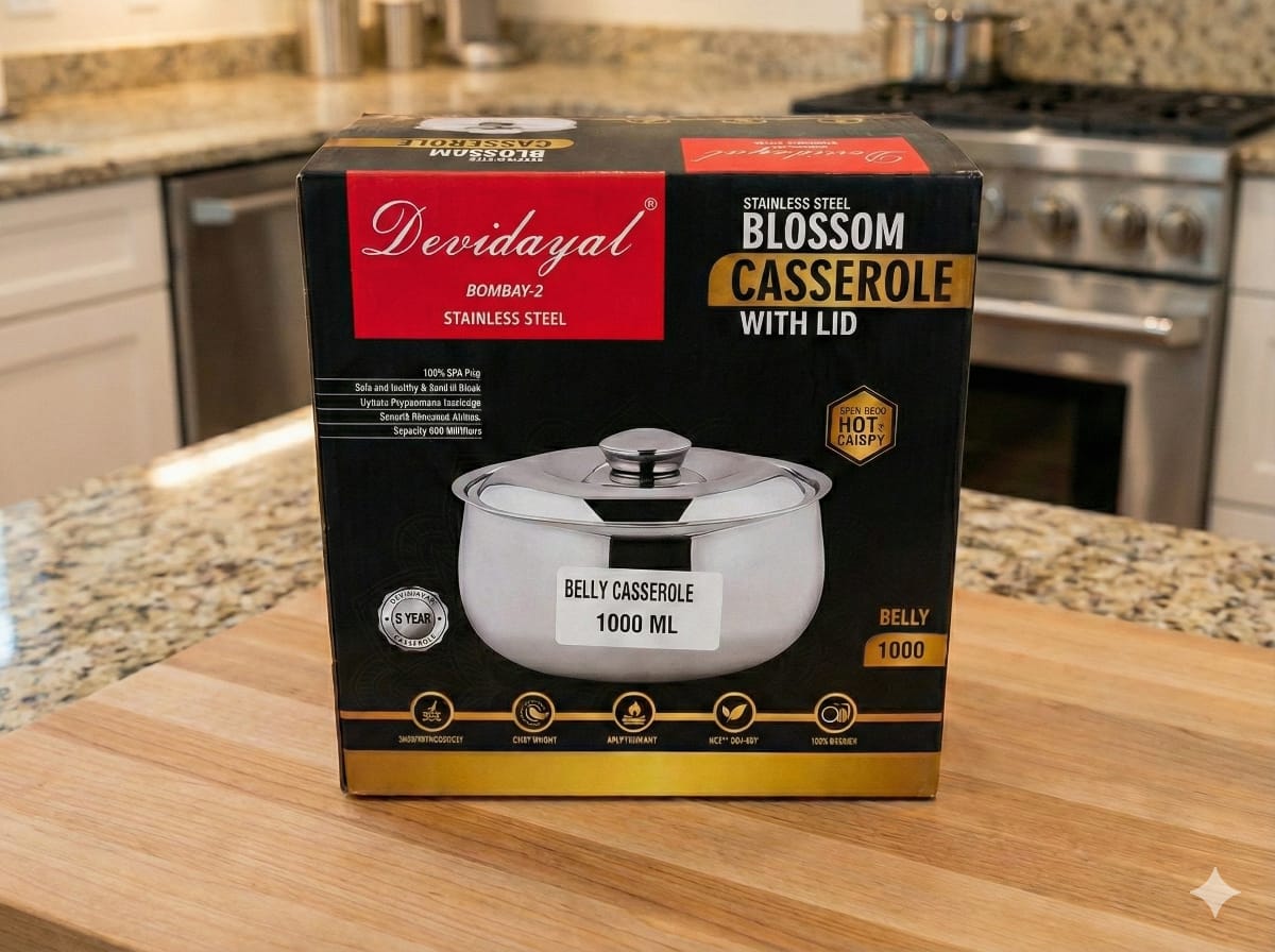 DEVIDAYAL Casserole for Roti | Stainless Steel Hot Box for Kitchen and Home | Chappati Steel Hot Pot with Lid (Silver) (1000 ml)