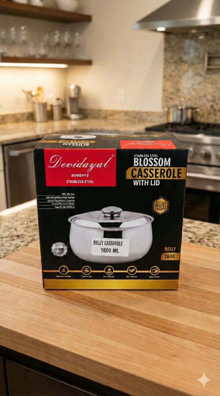 DEVIDAYAL Casserole for Roti | Stainless Steel Hot Box for Kitchen and Home | Chappati Steel Hot Pot with Lid (Silver) (1600 ml)