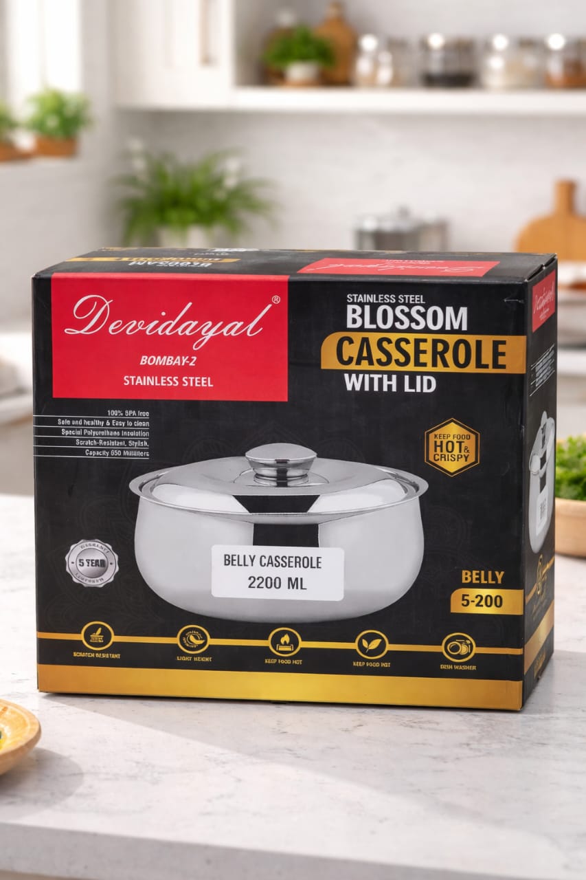 DEVIDAYAL Casserole for Roti | Stainless Steel Hot Box for Kitchen and Home | Chappati Steel Hot Pot with Lid (Silver) (2200 ml)