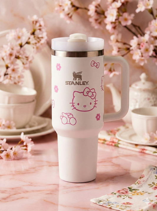 Stanley Insulated Tumbler with Handle –Stainless Steel Travel Mug, Keeps Drinks Cold 11 Hours & Hot 8 Hours (White Kitty)