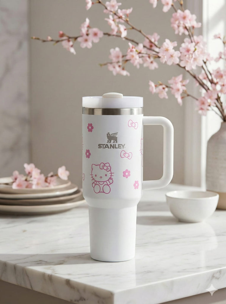 Stanley Insulated Tumbler with Handle –Stainless Steel Travel Mug, Keeps Drinks Cold 11 Hours & Hot 8 Hours (White Kitty)