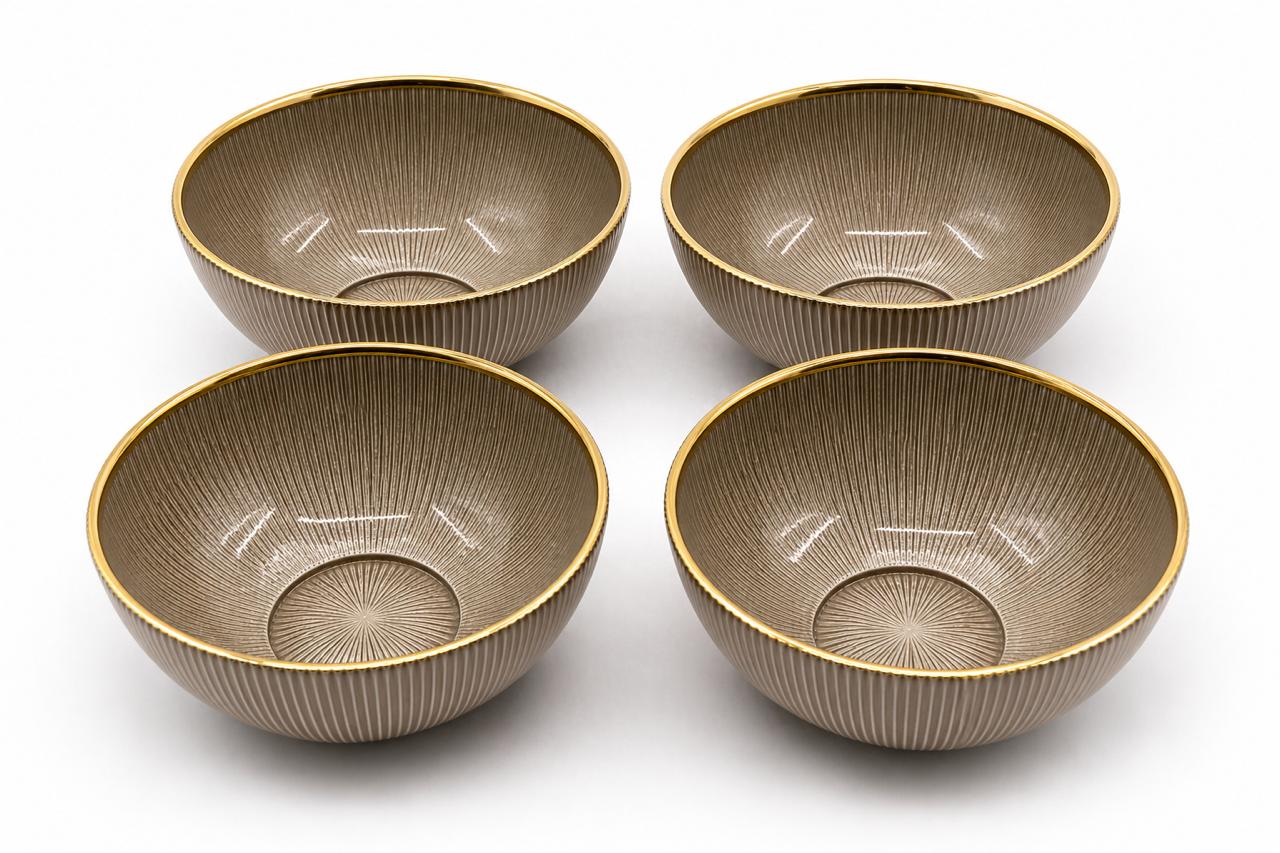 Premium 6-Inch Ribbed Glass Bowl Set (Set of 4) with Gold Rim | Elegant Serving & Dessert Bowls
