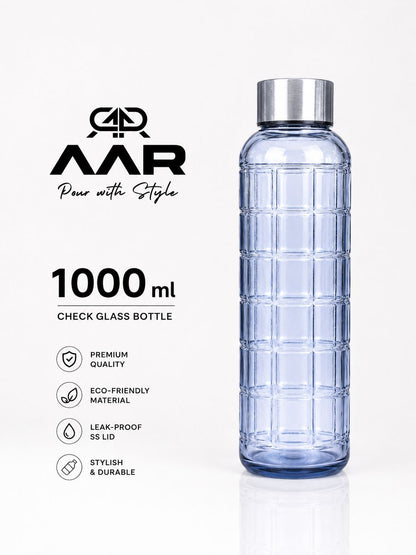 AAR - Elite Toughened Glass Water Bottles, Microwave & Freezer Safe, Leak Proof with Airtight Stainless Steel Gasket Sealed Lid, Scratch Resistant, Blue - 1000ML