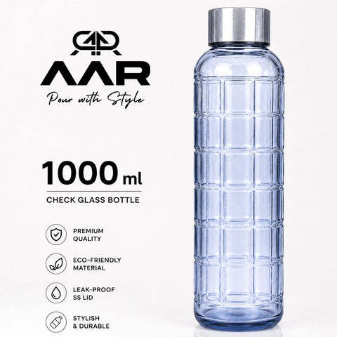 AAR - Elite Toughened Glass Water Bottles, Microwave & Freezer Safe, Leak Proof with Airtight Stainless Steel Gasket Sealed Lid, Scratch Resistant, Blue - 1000ML