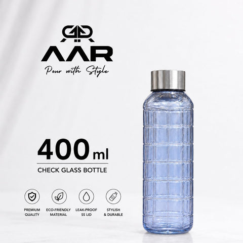 AAR - Elite Toughened Glass Water Bottles, Microwave & Freezer Safe, Leak Proof with Airtight Stainless Steel Gasket Sealed Lid, Scratch Resistant, Blue - 400ML