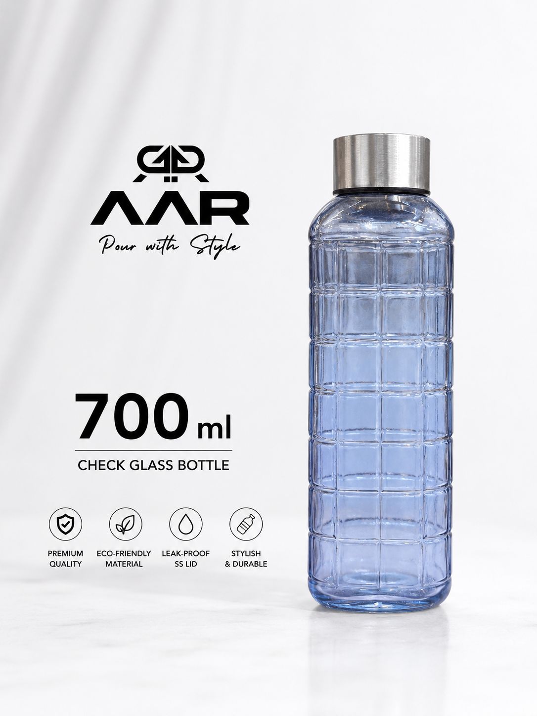 AAR - Elite Toughened Glass Water Bottles, Microwave & Freezer Safe, Leak Proof with Airtight Stainless Steel Gasket Sealed Lid, Scratch Resistant, Blue - 700ML